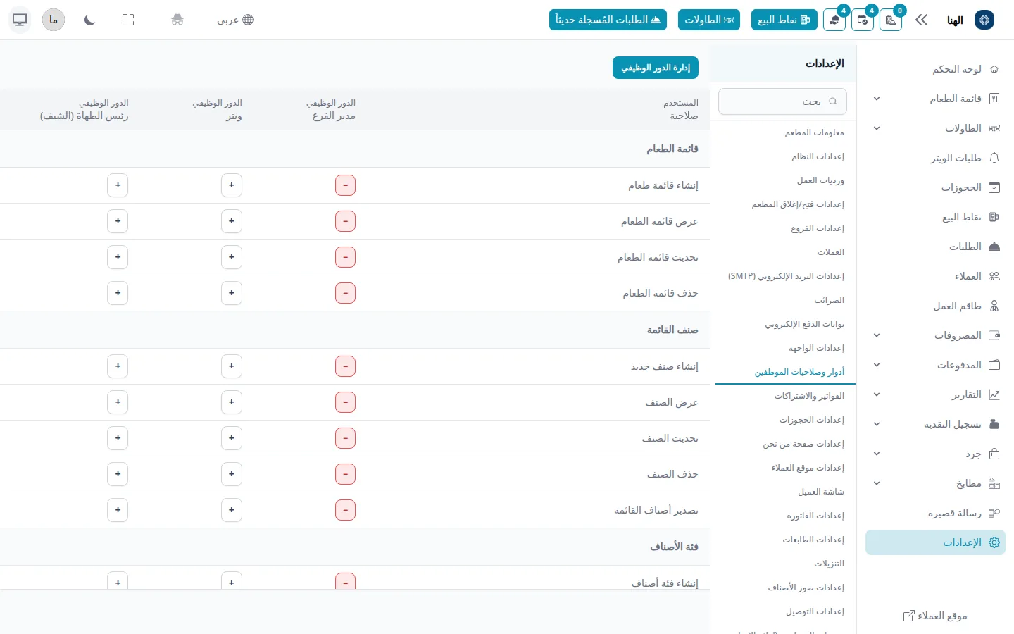 شاشة الأدوار والصلاحيات في راصد