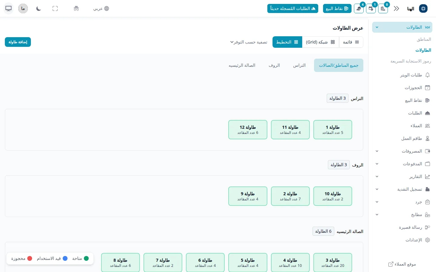 شاشة الطاولات في راصد